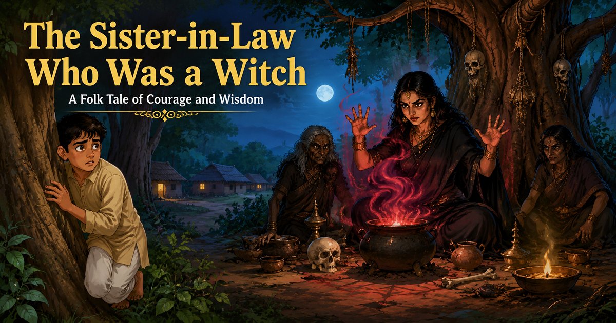 Illustration of a mysterious witch in the forest with a brave young boy from an Indian folk tale