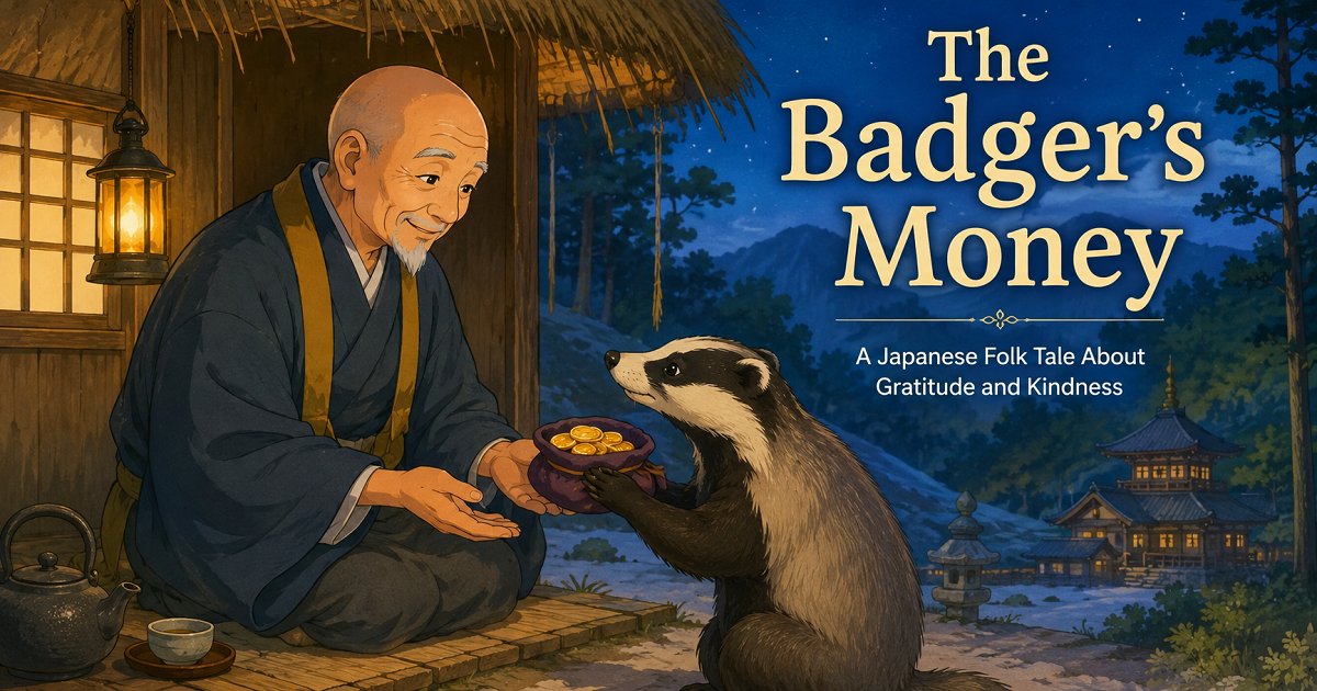 A grateful badger giving gold coins to a kind old priest in a traditional Japanese folk tale about gratitude and kindness.