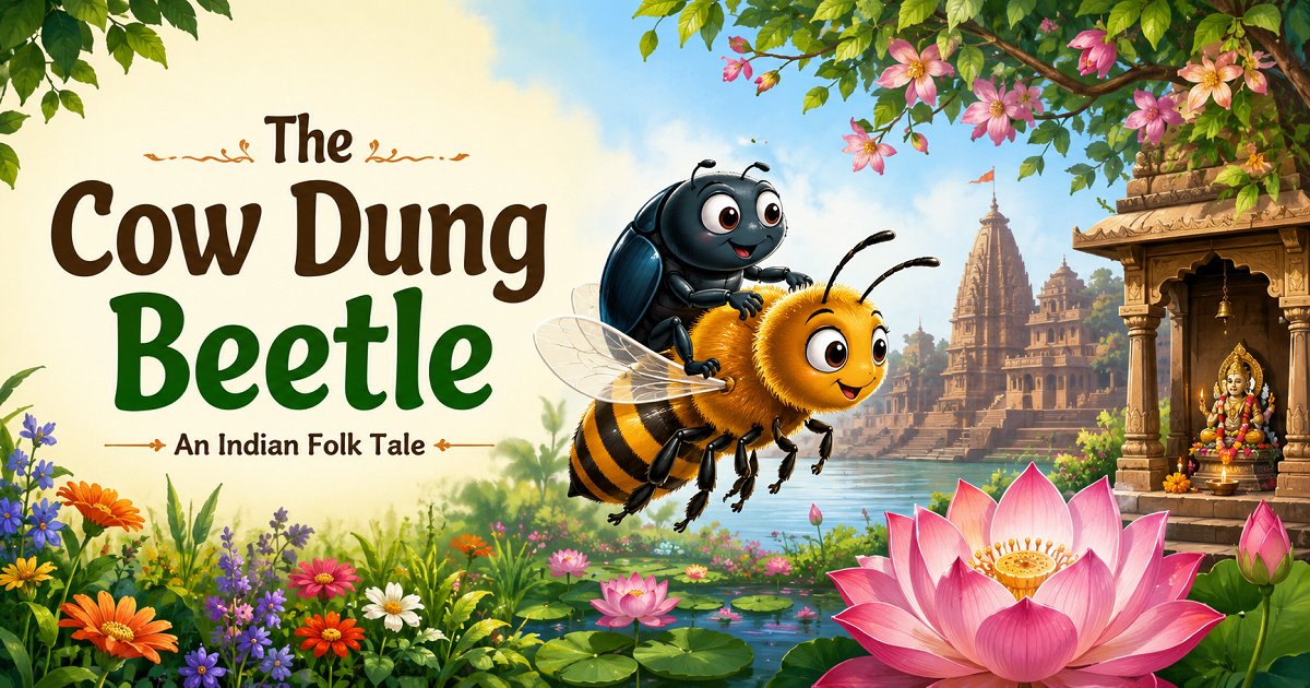Illustration of the cow dung beetle riding on a bee toward the king's flower garden in an Indian folk tale.