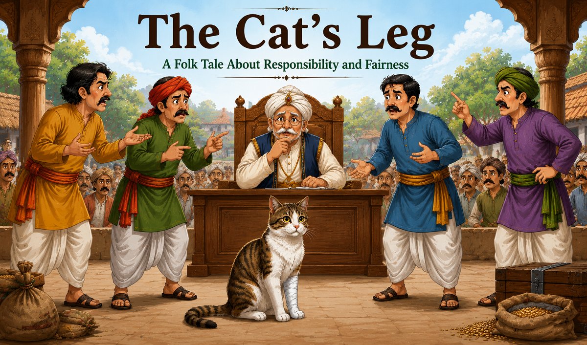A cat with a bandaged leg standing before a wise judge while four brothers argue