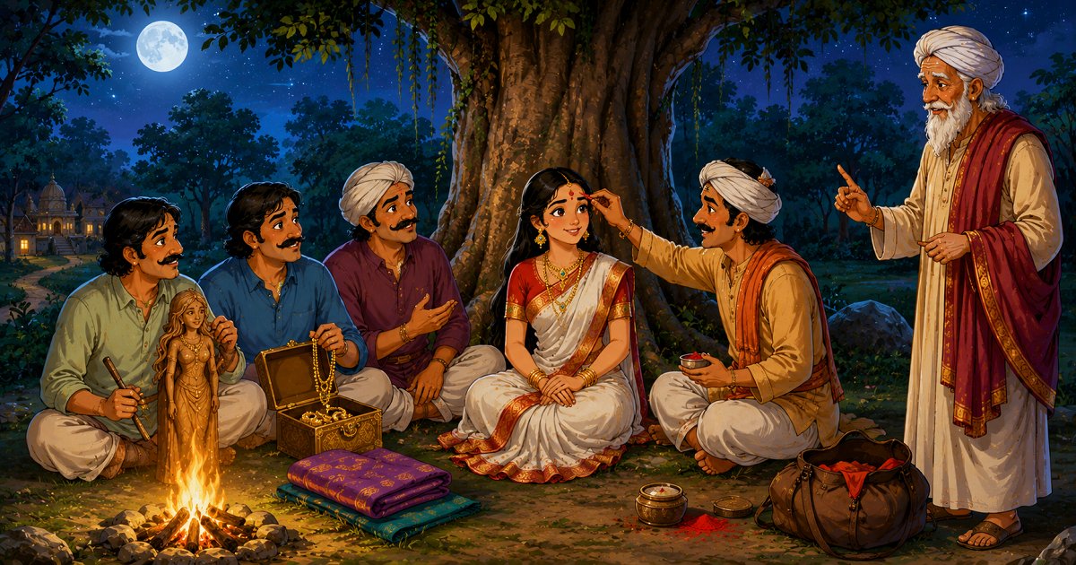 Four craftsmen sit beneath a tree as a hawker places vermilion on a beautiful woman brought to life from a wooden statue