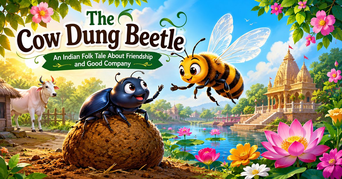 Illustration of the cow dung beetle and a bee become friend in an Indian folk tale.