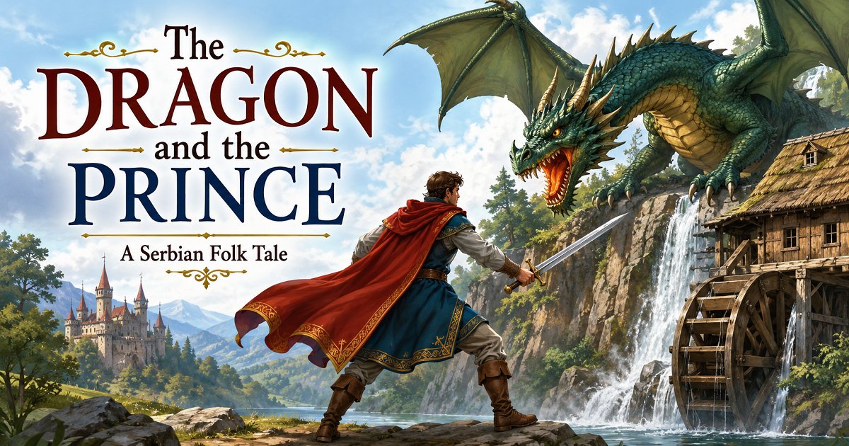 Brave prince fighting a giant dragon near a magical lake in a classic folk tale for children