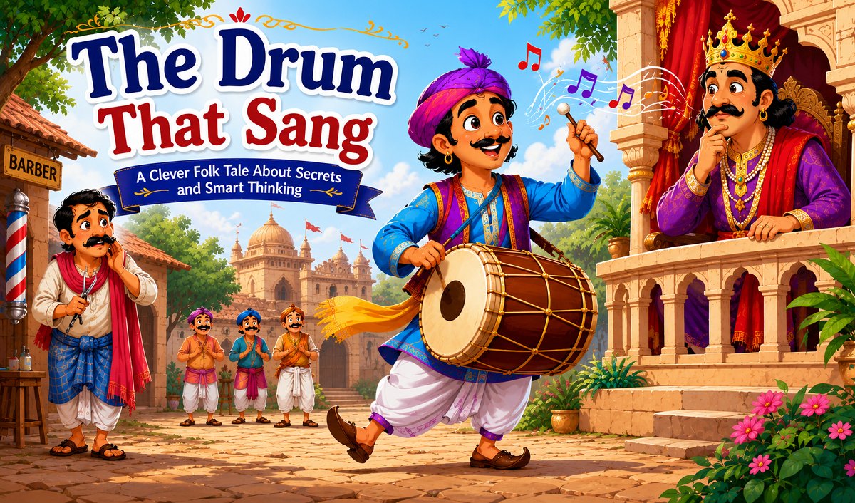 Illustration of a drummer singing a secret through his drum while a surprised king listens.