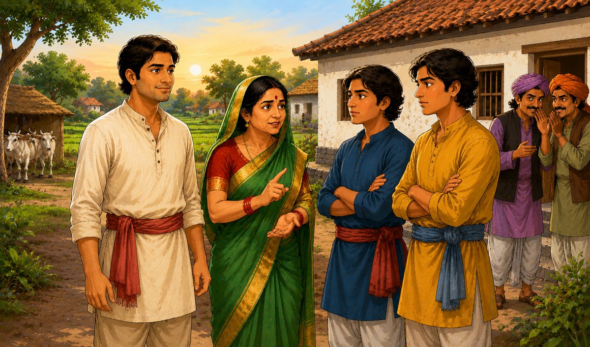 Three brothers stand with their wise mother as the eldest son protects the family's land in a traditional folk tale.
