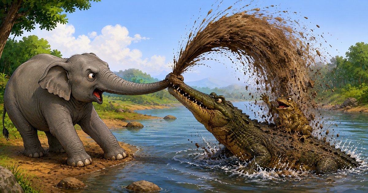 An elephant pulls against a crocodile in a river while spraying mud from its newly stretched trunk