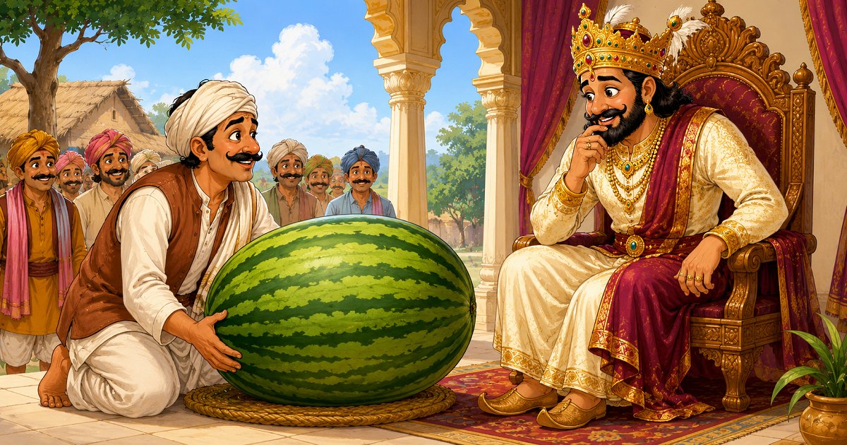 A farmer presents an enormous watermelon to a smiling king in a traditional Haryana folk tale about wit and honesty.