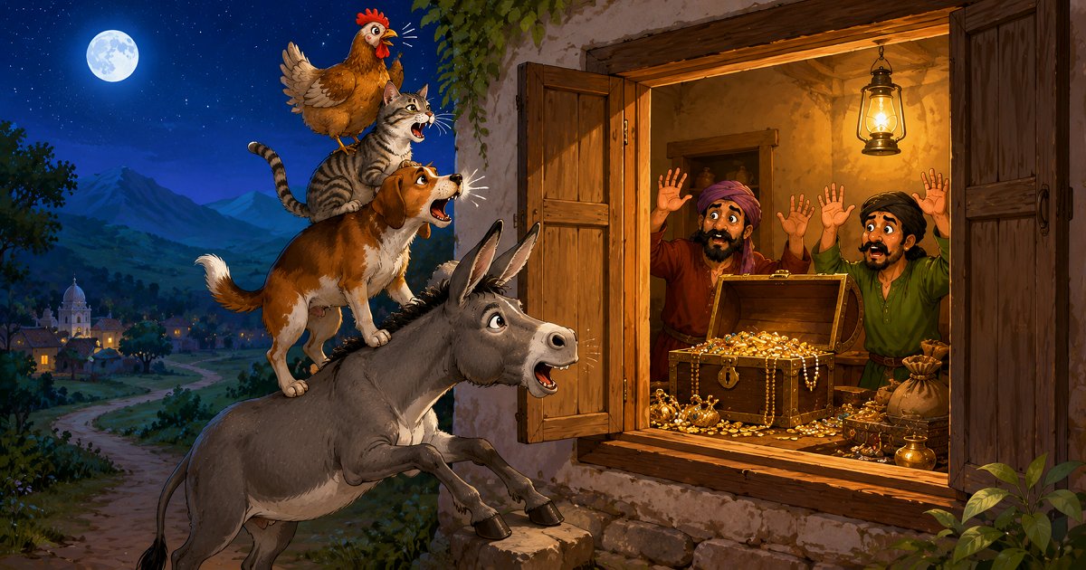 A donkey, dog, cat, and hen stand atop one another outside a cottage window, terrifying two thieves in a moonlit folk tale