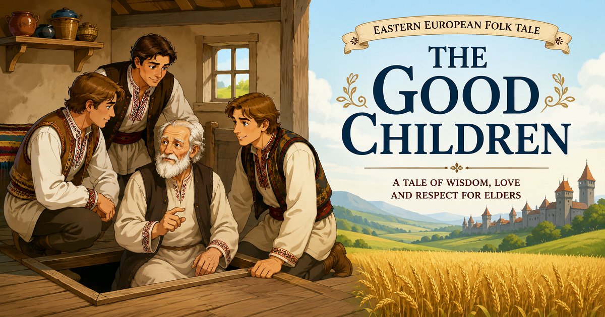 Three brothers protecting their elderly father during a famine in a traditional folk tale about wisdom and family loyalty.