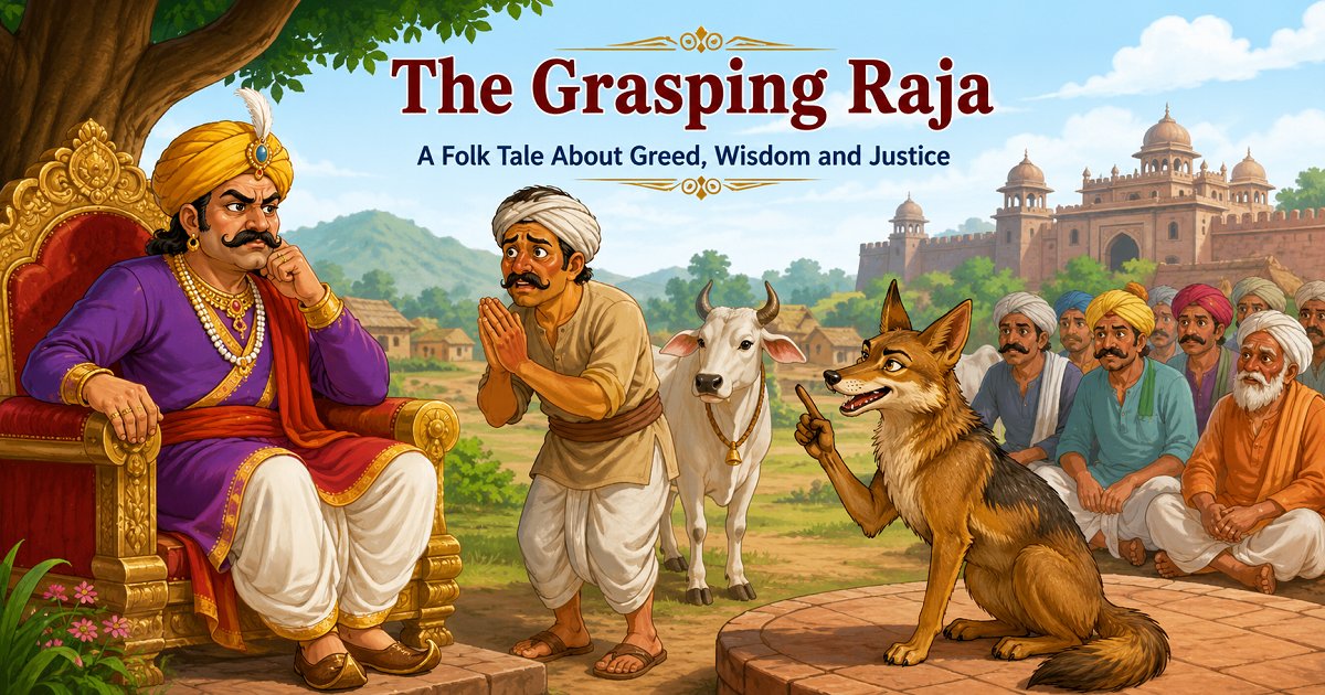Illustration of the greedy Raja, the poor villager, and the clever jackal in an Indian folk tale scene