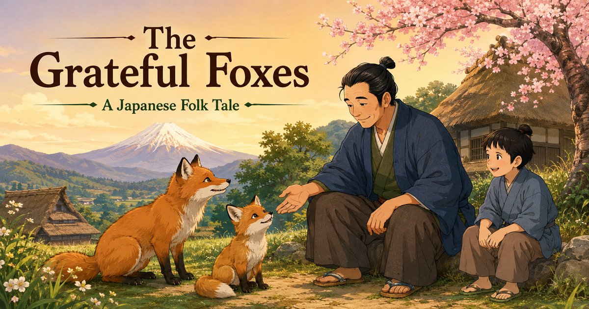 The Grateful Foxes folk tale illustration showing a rescued fox cub returning to its grateful parents in the countryside.