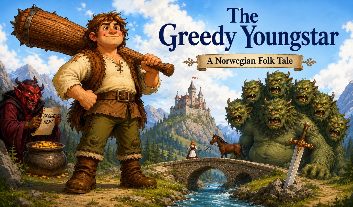 Illustration of The Greedy Youngstar, a powerful folk tale hero carrying a giant club during his adventurous journey.