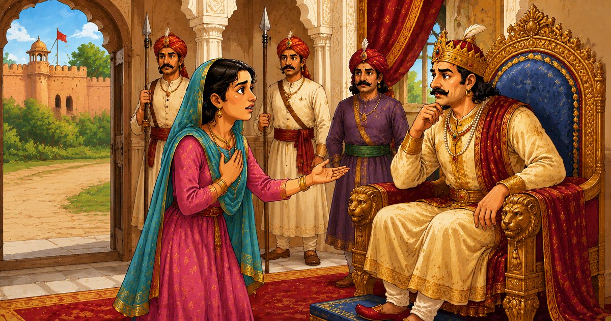 Brave Bhanumati warns the king inside his palace while royal guards stand nearby in this traditional Rajasthan folk tale.