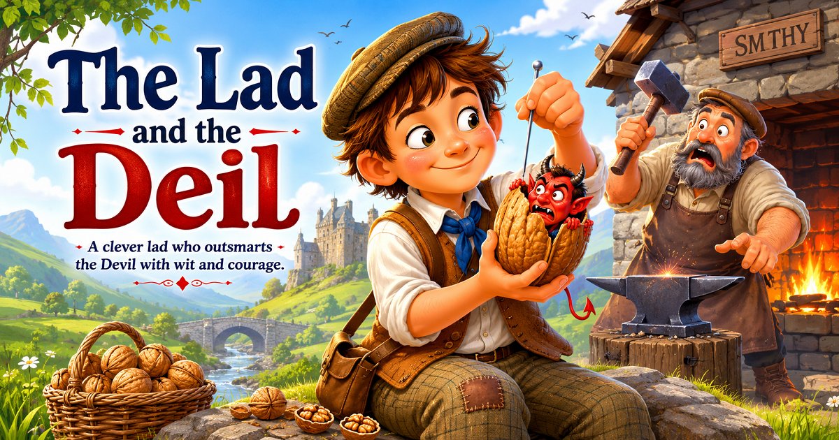 Illustration of the clever lad trapping the Devil inside a worm-eaten nut from The Lad and the Deil Scottish folk tale.