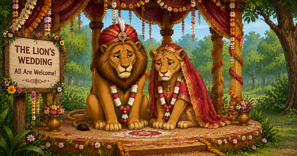 A sad lion and lioness sit alone beneath a beautifully decorated wedding canopy in the forest after no animals attend their wedding celebration.