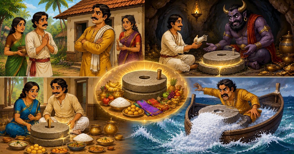 A poor brother receives a magical millstone from a demon while a greedy elder brother later steals it and takes it to sea in a traditional Kerala folk tale