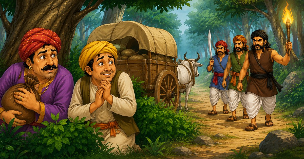 A wealthy merchant and the simpleton Kaloo hide near a cart in a forest while robbers search the area in this Madhya Pradesh folk tale.