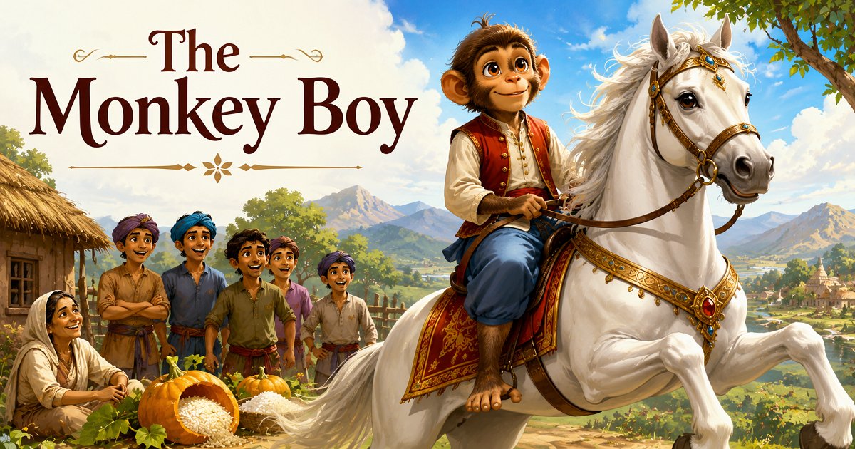 The Monkey Boy riding a magical horse in a traditional folk tale story for children