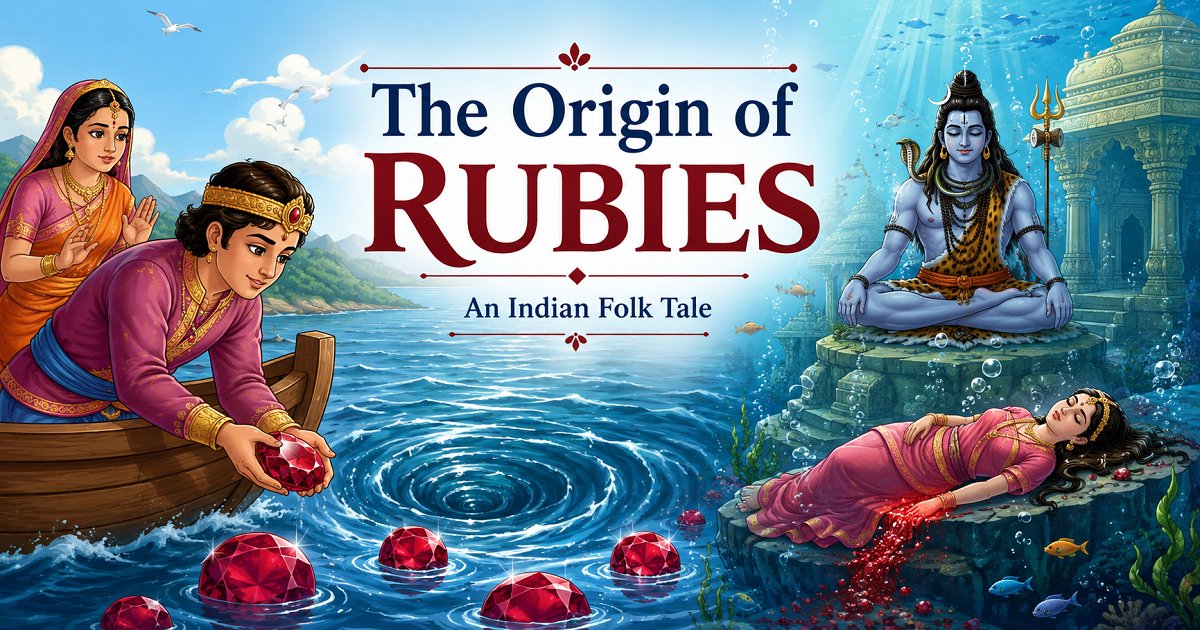 Young prince collecting magical rubies near a mysterious whirlpool in the Indian folk tale The Origin of Rubies