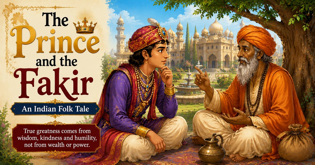 Illustration of a prince speaking with a wise fakir in an Indian folk tale for children