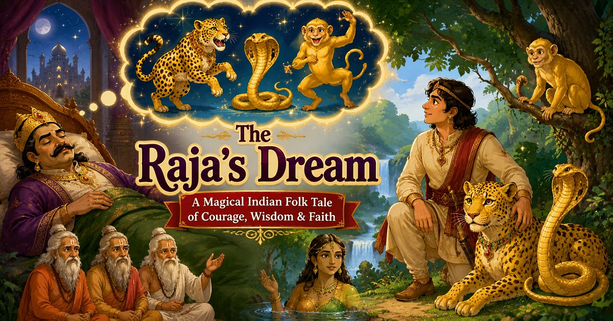 The brave prince discovers the magical golden leopard, golden snake, and golden monkey from the Raja's mysterious dream.