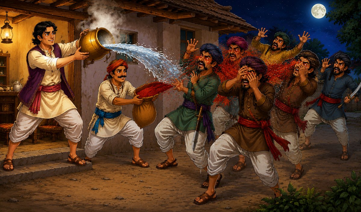 Gopu and Magan defend their house from a gang of robbers using clever traps in this traditional Gujarat folk tale.