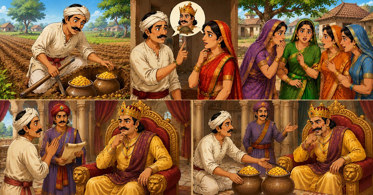 A surprised farmer discovers two buried pots of gold coins in his field in the traditional Madhya Pradesh folk tale The Secret.