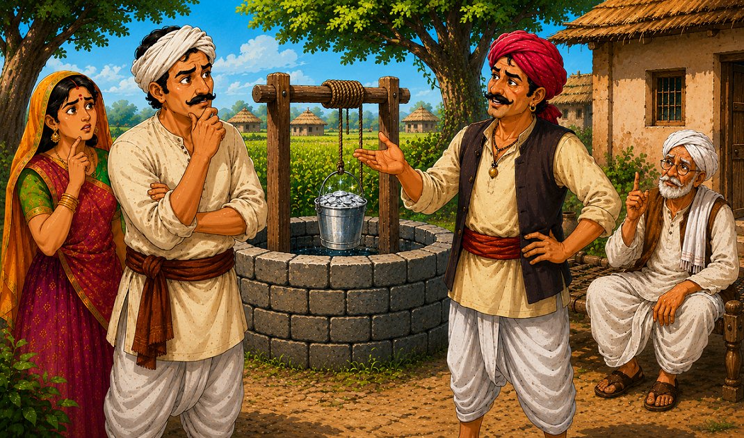 A farmer and a cunning seller stand beside a well as the farmer learns the truth behind the supposed Silver Well in this Haryana folk tale.