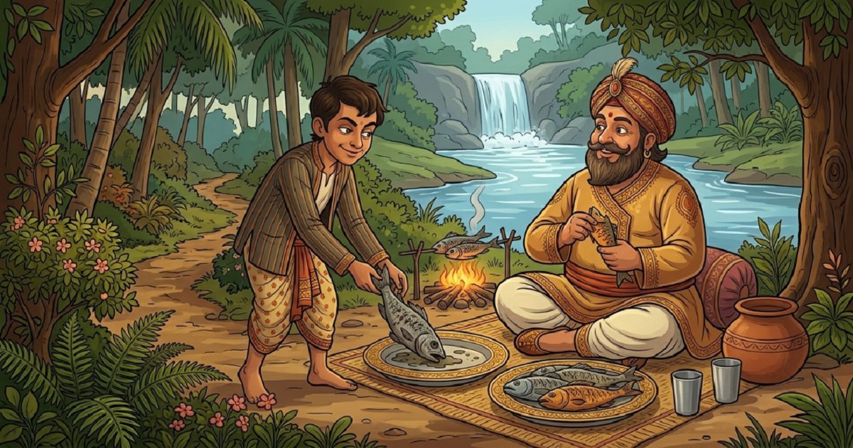 Illustration of the sly servant servant placed his rotten fish on his master's plate