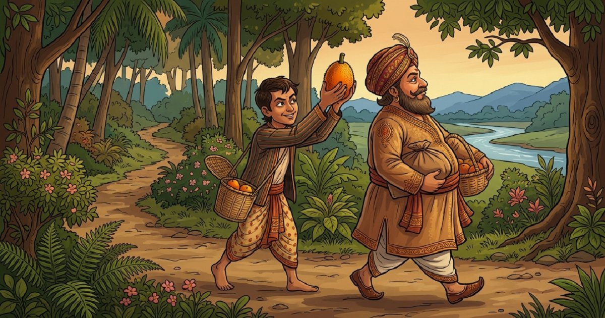 Illustration of the sly servant showing a fruit to the back of his master's head before eating it