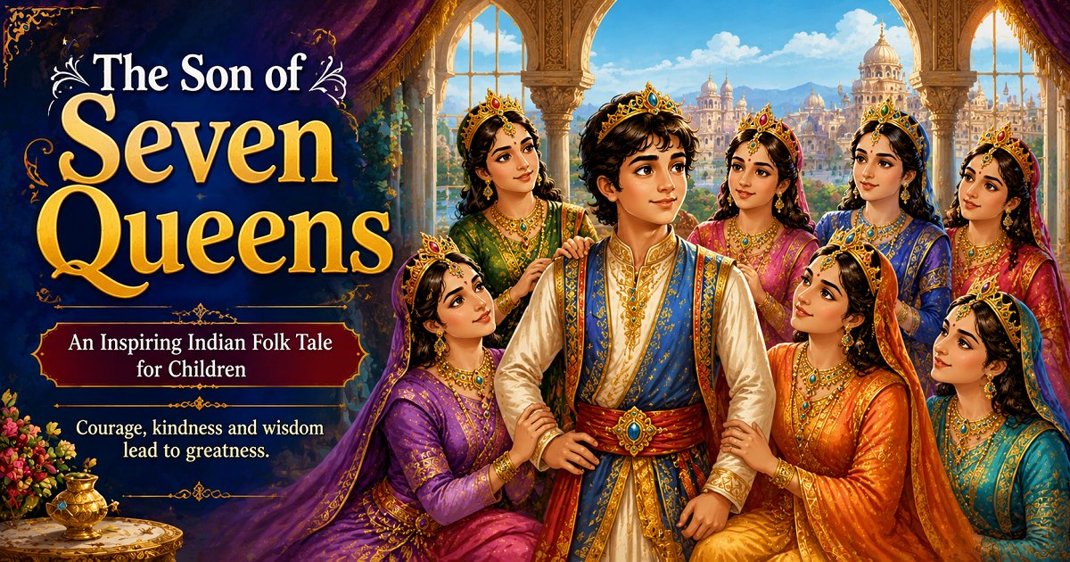 Illustration of the prince and seven queens from The Son of Seven Queens Indian folk tale for children