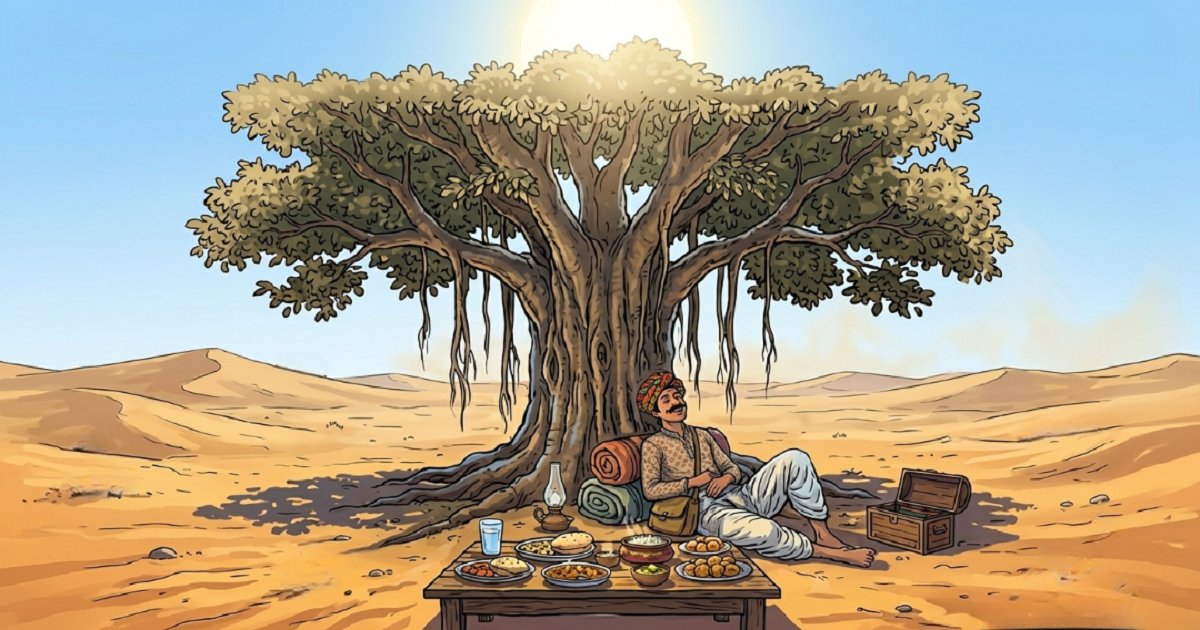 A weary traveller resting beneath the wide canopy of the magical Kalpa Vriksha in the Rajasthan desert, with a tumbler of water and a spread of delicious food appearing before him