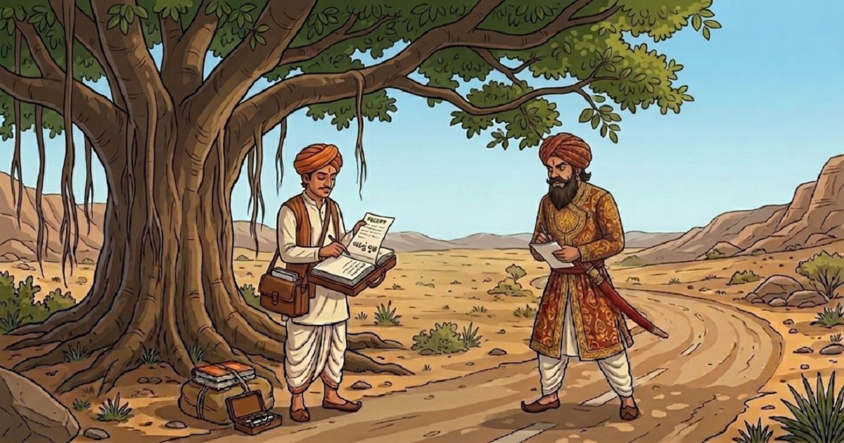 Illustration of the Bania and the Thakur standing beneath a large banyan tree, signing a receipt on a deserted road in Rajasthan