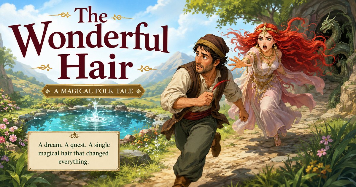 Illustration of the poor man obtaining the magical red hair from a radiant maiden in The Wonderful Hair folk tale.