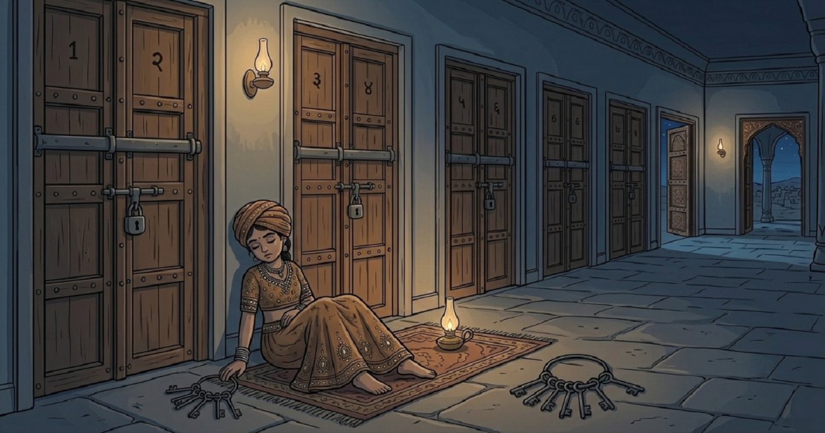 The youngest daughter, exhausted after locking six of seven doors, falls asleep leaving the final door unlatched