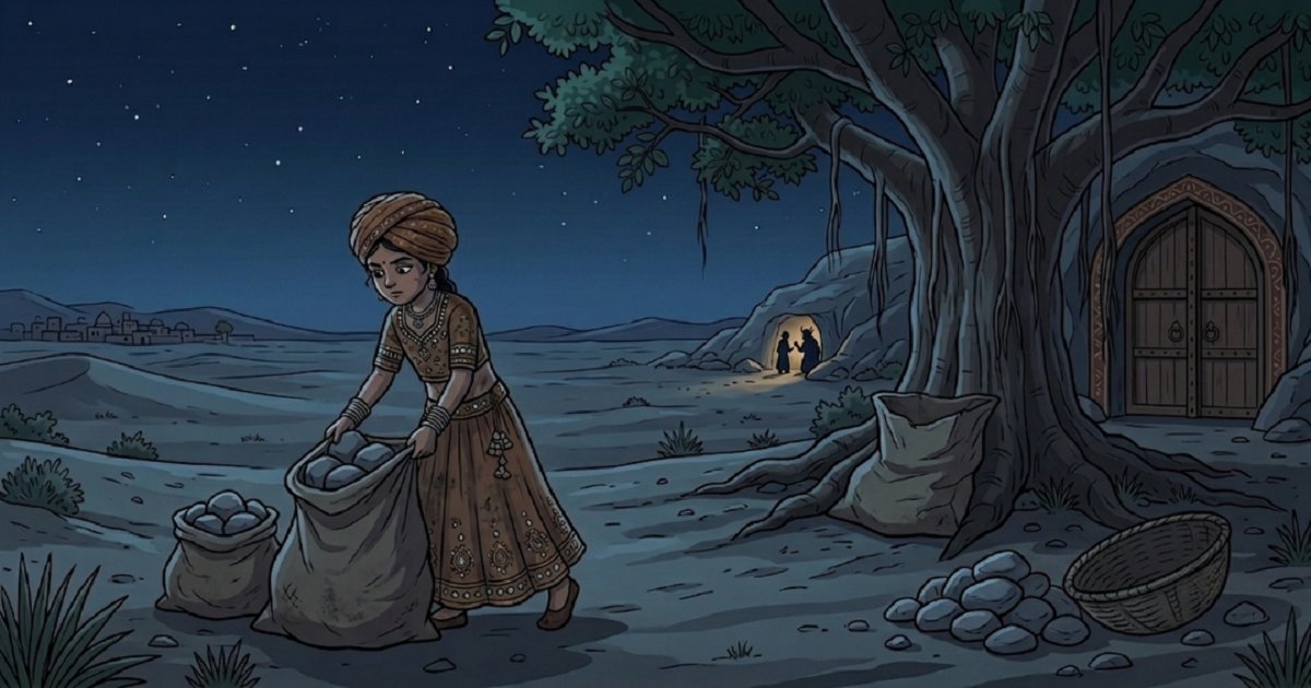 Illustration of the youngest daughter escaping from a demon's sack while he visits a friend, on a dark desert night in Rajasthan