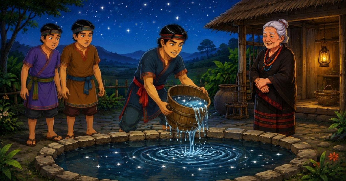 Tanyen from the Nagaland folktale The Three Brothers emptying a pool with a bucket while reflected stars disappear from the water.