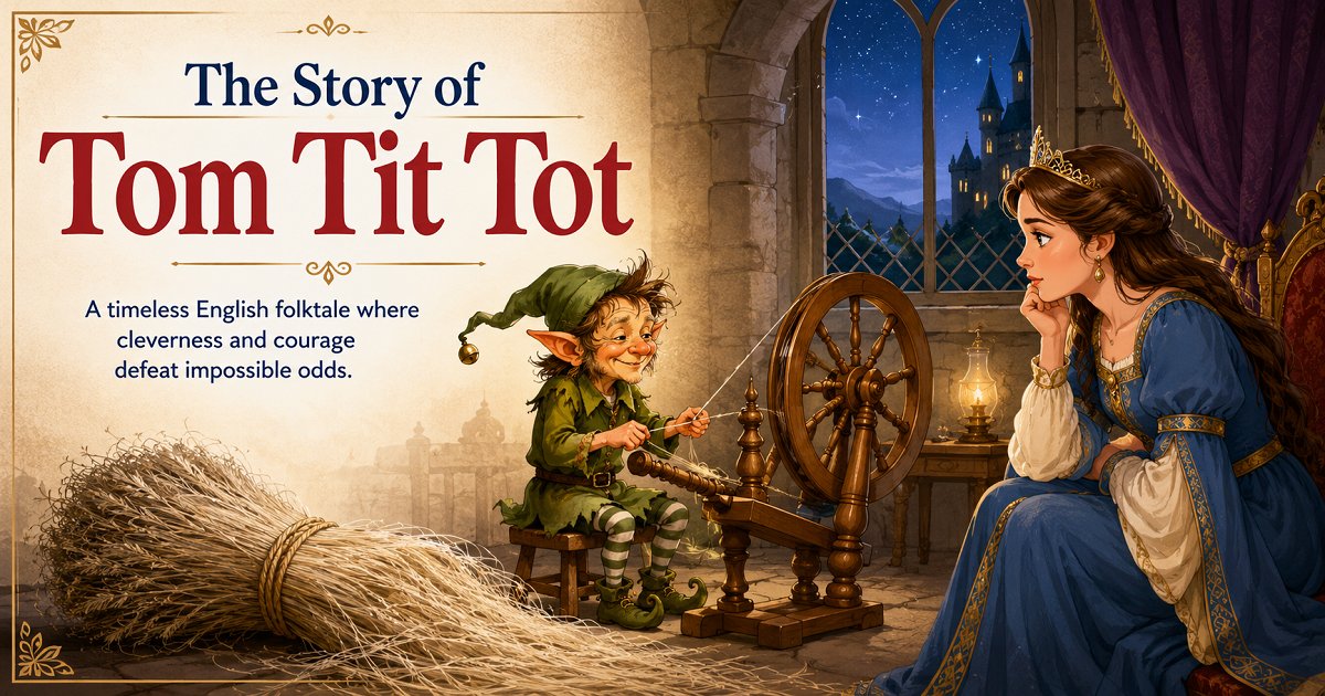Illustration of Tom Tit Tot, the magical spinning creature, meeting the young queen in a classic English folktale.