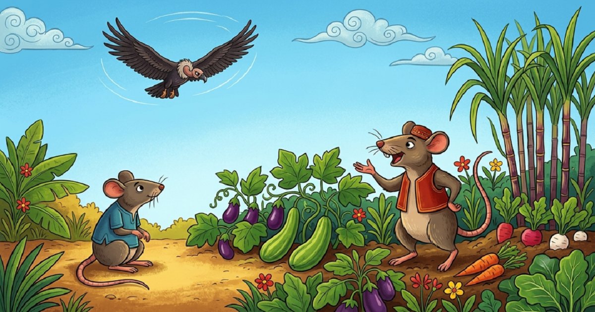 Two rats in a vegetable garden with a large vulture circling above - Gujarat folk tale illustration