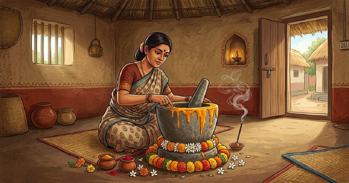 A woman decorating a household mortar and pestle with saffron paste and flowers as a trick - Tamil Nadu folk tale illustration