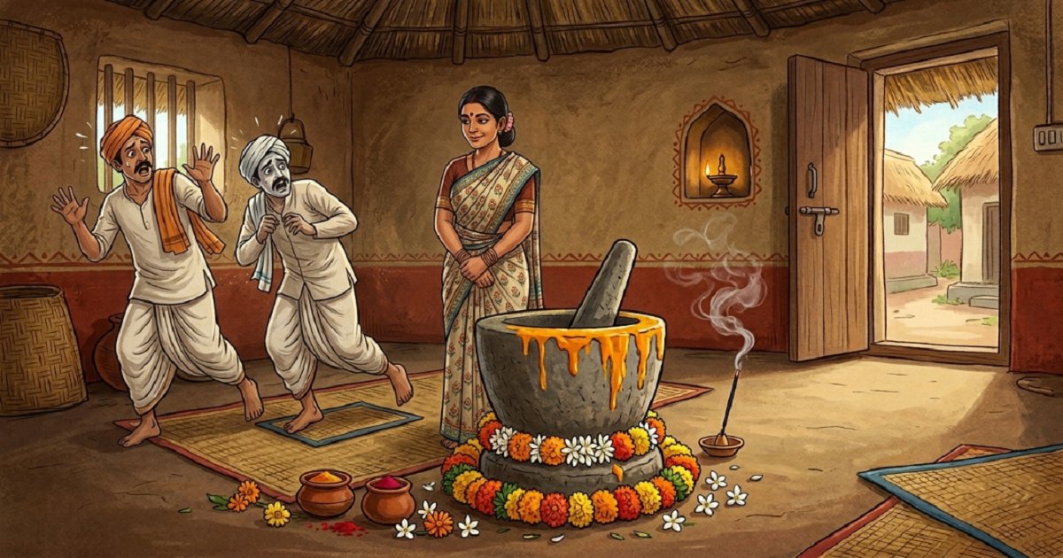 Two frightened guests backing away from the decorated mortar and pestle while Ponnan's wife looks on calmly