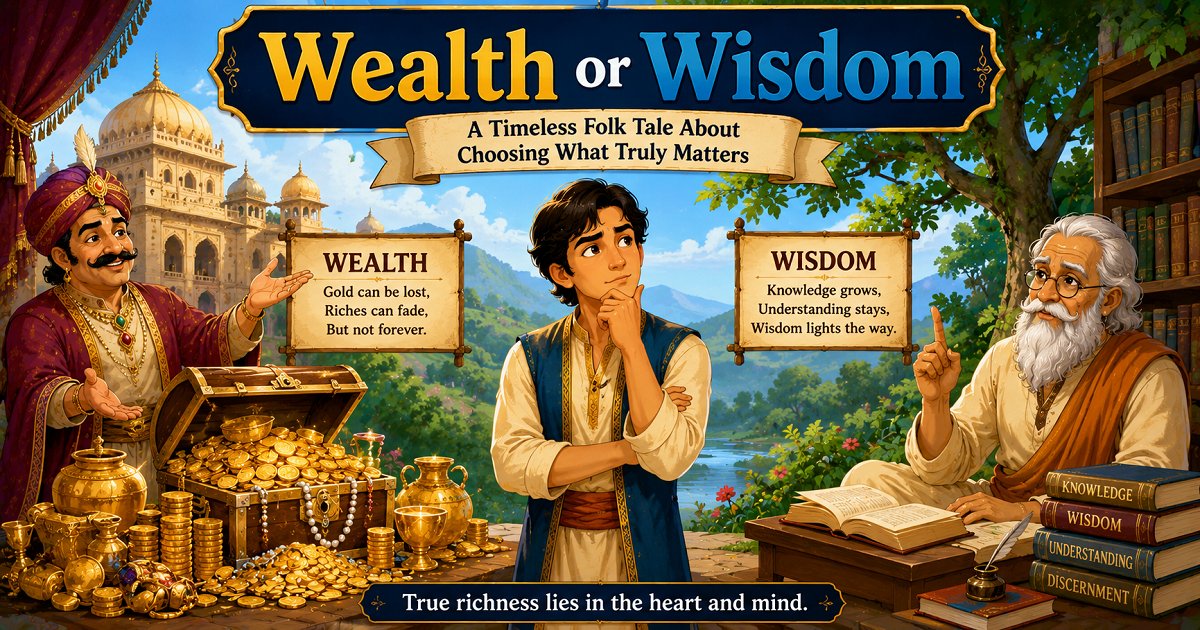 Illustration of a wise young man choosing wisdom over wealth in a traditional folk tale