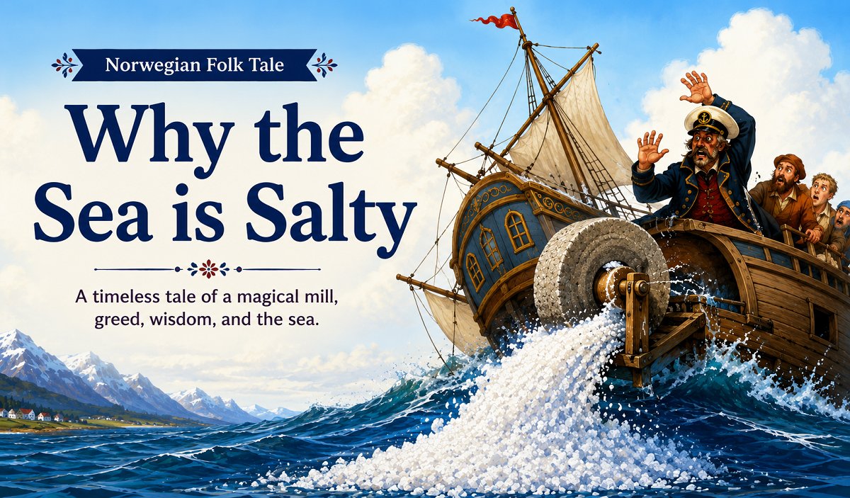 A magical mill producing endless salt as a ship sinks into the ocean in the classic folk tale Why the Sea Is Salty