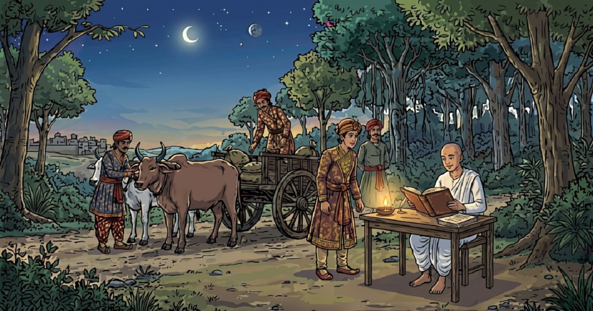 Raghavan and the courtiers, disguised as tribal men meet the young teacher sitting beneath a lamp, deep in a book