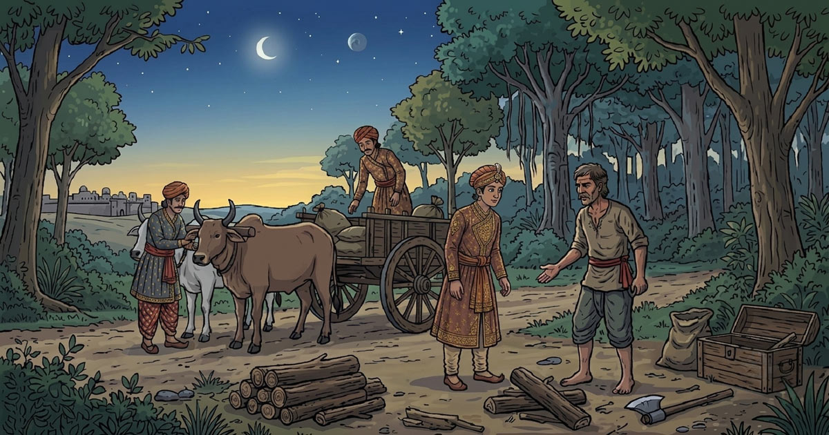 Raghavan and his fellow courtiers, disguised as tribal men on a bullock cart, speaking with a woodcutter in a forest setting