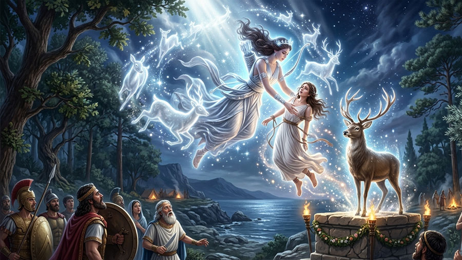 The goddess Artemis rescues Iphigenia and leaves a deer in her place
