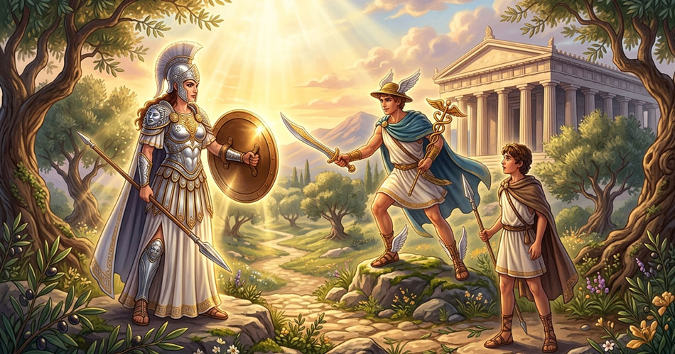 Athena and Hermes present Perseus with a magical shield and sword before his quest to defeat Medusa in Greek mythology