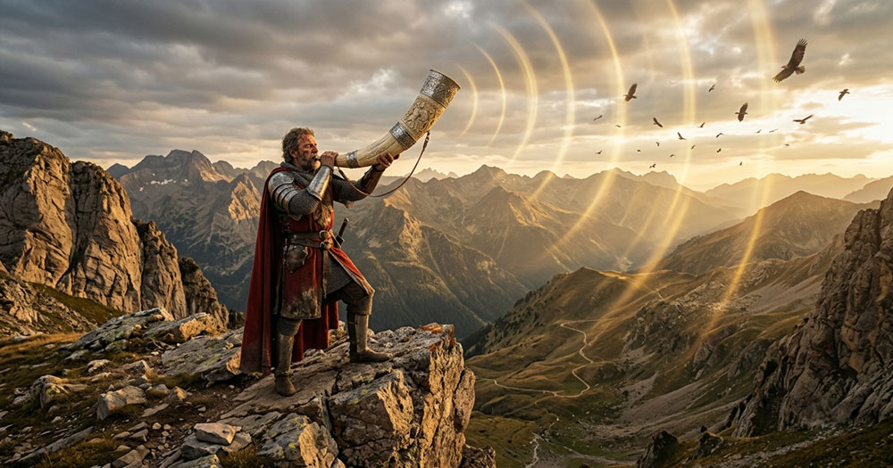 Count Roland blows the legendary Olifant horn across the Pyrenees during the Battle of Roncevaux, calling Emperor Charlemagne's army for help