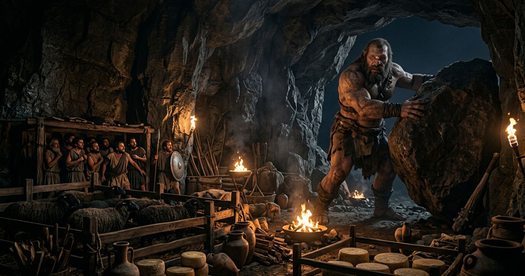 Polyphemus the Cyclops traps Odysseus and his sailors inside his cave in this Greek mythology scene.
