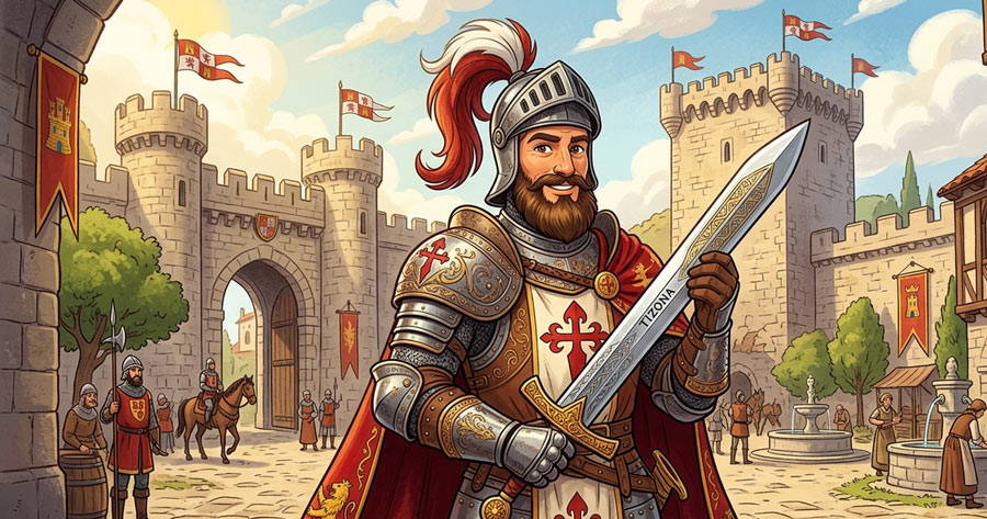 El Cid holding the legendary sword Tizona as a famous Spanish knight
